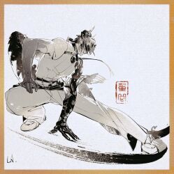  1boy arknights border brown_border chongyue_(arknights) closed_mouth dragon_tail faux_traditional_media fighting_stance full_body hand_on_own_thigh highres horns laland male_focus pointy_ears shirt shoes short_hair signature simple_background sleeveless sleeveless_shirt solo tail 