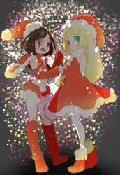  2girls black_hair blonde_hair blush chorimokki christmas closed_mouth dress gloves green_eyes hat lillie_(pokemon) long_hair looking_at_viewer multiple_girls navel open_mouth pokemon pokemon_(game) pokemon_sm red_headwear santa_hat selene_(pokemon) short_hair shorts smile 