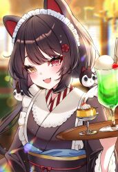  1girl :3 animal_ears black_hair black_kimono blush cat_ears flower_hairpin food hana_s heterochromia highres holding holding_tray inui_toko inui_toko_(1st_costume) japanese_clothes kimono looking_at_viewer low_twintails maid maid_headdress melon_soda nijisanji obi open_mouth parted_bangs pudding sash solo tray twintails upper_body virtual_youtuber wa_maid 