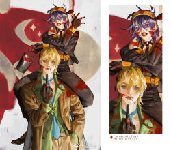  2boys black_gloves black_jacket black_pants black_suspenders blue_necktie brown_coat brown_pants candy character_name cigarette coat earrings elna food gloves green_jacket hairband jacket jewelry jojo_no_kimyou_na_bouken lollipop middle_finger multiple_boys narancia_ghirga necktie orange_hairband orange_shirt paint_can paintbrush pannacotta_fugo pants shirt sitting_on_shoulder standing suit vento_aureo 