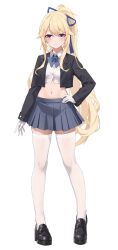  1girl acasta_(warship_girls_r) black_jacket blonde_hair blue_bow blue_bowtie blue_ribbon blue_skirt bow bowtie breasts cropped_jacket cropped_shirt grey_eyes hair_between_eyes hair_ribbon highres jacket loafers long_hair long_sleeves looking_at_viewer medium_breasts midriff miniskirt navel pleated_skirt ponytail ribbon school_uniform shirt shoes sidelocks skirt smile solo standing thigh-highs very_long_hair warship_girls_r white_shirt white_thighhighs xnnagu zettai_ryouiki 