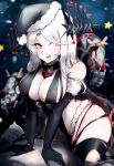  1girl abyssal_ship batavia_princess black_gloves black_headwear breasts colored_skin elbow_gloves fur-trimmed_gloves fur-trimmed_headwear fur_trim gloves hat hi_ye highres kantai_collection large_breasts long_hair nautilus_(animal) red_eyes santa_hat solo white_hair white_skin 