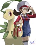 1girl absurdres bag bayleef blue_overalls bow brown_eyes brown_hair cabbie_hat closed_mouth commentary_request dated eyelashes hand_on_headwear handbag hat hat_bow highres holding_strap long_hair lyra_(pokemon) overalls pokegear pokemon pokemon_(game) pokemon_hgss red_bow red_shirt shiijisu shirt signature smile split_mouth thigh-highs twintails white_background white_headwear white_legwear yellow_bag 