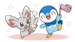  :d closed_eyes commentary_request holding holding_stick leg_up minccino no_humans official_art open_mouth piplup pokemon pokemon_(creature) project_pochama smile standing standing_on_one_leg stick toes tongue white_background 