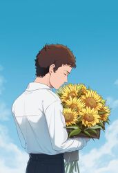  1boy black_pants blue_sky bouquet brown_hair closed_eyes closed_mouth clouds cowboy_shot day enelous flower flower_wrapper from_behind gundam gundam_hathaway's_flash hathaway_noa highres holding holding_bouquet long_sleeves male_focus outdoors pants profile shirt short_hair sky solo standing sunflower very_short_hair white_shirt yellow_flower 