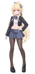  1girl acasta_(warship_girls_r) black_jacket black_pantyhose blonde_hair blue_bow blue_bowtie blue_ribbon blue_skirt bow bowtie breasts cropped_jacket cropped_shirt grey_eyes hair_between_eyes hair_ribbon highres jacket loafers long_hair long_sleeves looking_at_viewer medium_breasts midriff miniskirt navel pantyhose pleated_skirt ponytail ribbon school_uniform shirt shoes sidelocks skirt smile solo standing very_long_hair warship_girls_r white_shirt xnnagu 
