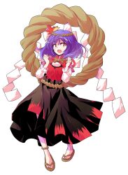  1girl after_battle alphes_(style) breasts brown_sandals clenched_hands commentary_request dairi full_body hands_up highres large_variant_set leaf long_skirt maple_leaf medium_breasts parody purple_hair rope sandals shimenawa skirt solo style_parody tachi-e tears touhou transparent_background tunic variant_set yasaka_kanako 