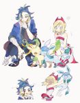  !? 1boy 1girl :d adaman_(pokemon) bangs blonde_hair blue_eyes blush_stickers body_blush bracelet commentary_request earrings glaceon hand_up heart highres holding holding_pokemon irida_(pokemon) jewelry kagetsu_(hagepoke123) leafeon licking licking_another&#039;s_face multicolored_hair o_o pants pokemon pokemon_(creature) pokemon_(game) pokemon_legends:_arceus red_footwear shoes smile spread_legs squatting white_background 