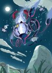  chandelure clouds commentary_request evolutionary_line fire from_below highres lampent litwick menma1/2 moon night no_humans outdoors pokemon pokemon_(creature) sky star_(sky) tombstone yellow_eyes 