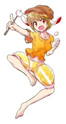  1girl alphes_(style) animal_ears barefoot blonde_hair commentary_request dairi dango flat_cap floppy_ears food full_body hair_between_eyes hat holding holding_food large_variant_set looking_at_viewer midriff navel orange_shirt outstretched_arm parody pointing rabbit_ears red_eyes ringo_(touhou) shirt short_hair short_sleeves shorts skewer solo style_parody tachi-e touhou transparent_background variant_set wagashi yellow_shirt 