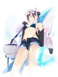  1girl ama_mitsuki armpits bag ball bare_shoulders beachball bikini black_hair blue_bikini blush breasts closed_mouth denim denim_shorts feet_out_of_frame goggles goggles_on_head highres inflatable_shark inflatable_toy jacket long_sleeves looking_away looking_to_the_side multicolored_hair navel octopus off_shoulder open_clothes open_fly open_jacket open_shorts original redhead short_hair short_shorts shorts shoulder_bag simple_background small_breasts snorkel solo standing stomach swimsuit torn_clothes torn_shorts two-tone_hair violet_eyes white_background white_jacket 