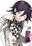 1boy ;d animal_ears bangs black_hair black_scarf bottle buttons cat_ears checkered_clothes checkered_scarf danganronpa_(series) danganronpa_v3:_killing_harmony demon_tail double-breasted fake_animal_ears fake_tail fang grey_jacket hair_between_eyes highres holding holding_bottle jacket long_sleeves male_focus muuyiie one_eye_closed open_mouth ouma_kokichi pink_eyes pointing pointing_at_self scarf short_hair smile soda_bottle solo symbol-only_commentary tail teeth upper_teeth white_scarf 