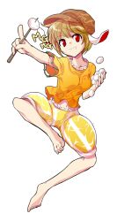  1girl alphes_(style) animal_ears barefoot blonde_hair commentary_request dairi dango flat_cap floppy_ears food full_body hair_between_eyes hat holding holding_food large_variant_set looking_at_viewer midriff navel orange_shirt outstretched_arm parody pointing rabbit_ears red_eyes ringo_(touhou) shirt short_hair short_sleeves shorts skewer solo style_parody tachi-e touhou transparent_background variant_set wagashi yellow_shirt 