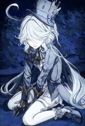  1girl absurdres arm_support ascot asymmetrical_gloves black_ascot black_gloves blue_background blue_brooch blue_hat blue_jacket blue_pupils blue_ribbon blue_shoes blue_suit brooch cowlick eyes_visible_through_hair feathers flat_chest frilled_socks frills full_body furina_(genshin_impact) genshin_impact gloves hair_intakes hair_over_one_eye half_gloves hat hat_feather hat_ribbon heterochromia highres jacket jewelry koumimi long_hair long_sleeves looking_at_viewer low_twintails mismatched_gloves on_floor ouji_fashion parted_lips rain ribbon ripples shirt shoes short_shorts shorts sitting socks solo suit suit_jacket swept_bangs thigh_strap top_hat twintails wariza white_feathers white_gloves white_hair white_shirt white_shorts white_socks 