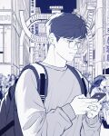  1boy absurdres backpack bag building cellphone crowd glasses grey_theme highres long_sleeves male_focus original outdoors phone rinmidori147 short_hair solo_focus standing sweater 