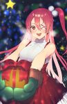  1girl blush breasts christmas dress eyepatch gift gloves highres long_hair looking_at_viewer murata_tefu open_mouth original pink_eyes pink_hair smile solo 