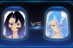 2girls alien_stage blue_eyes blue_hair cookie_run cookie_run:_kingdom coral_hair_ornament eyebrows_visible_through_hair eyes_visible_through_hair hair_ornament hair_over_one_eye highres humanization long_hair looking_at_viewer moonlight_cookie multiple_girls sea_fairy_cookie smile tagme upper_body very_long_hair yukaru_00