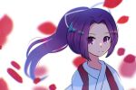  1girl bangs closed_mouth esist_hourai forehead japanese_clothes kimono long_hair meira_(touhou) parted_bangs ponytail purple_hair ribbon touhou touhou_(pc-98) upper_body violet_eyes white_ribbon 