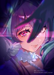  1girl aoi_rokushou birthday blue_hair bluesky_username choker chromatic_aberration commentary dress drill_hair eye_focus frills gloves hair_bun highres jewelry light_particles long_hair macross macross_delta mikumo_guynemer multicolored_hair necklace pearl_necklace portrait purple_gloves purple_hair red_eyes signature single_hair_bun smile translation_request twitter_username two-tone_hair w white_choker white_dress 