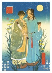  2boys axis_powers_hetalia beizi_(clothing) belt black_belt black_eyes black_hair blue_background border brown_shoes china_(hetalia) chinese_clothes closed_mouth cup flower full_body full_moon grass green_haori hair_bun half-closed_eyes hand_on_another's_shoulder hands_up haori highres holding holding_cup holding_scroll japan_(hetalia) japanese_clothes kimono kumiyi lantern long_hair long_sleeves looking_at_another male_focus moon multiple_boys open_mouth paper_lantern red_ribbon ribbon scroll shoes short_hair sidelocks smile standing tassel two-tone_background white_border wide_sleeves yellow_background yellow_flower yellow_kimono yellow_moon 