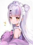  1girl blush brown_eyes double_bun eyebrows_visible_through_hair from_side grey_hair hair_ornament highres hololive long_hair looking_at_viewer maid_headdress maru_ccy murasaki_shion off_shoulder pink_hair smile solo upper_body virtual_youtuber white_background 