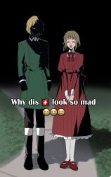  1boy 1girl axis_powers_hetalia back_bow black_boots black_eyes black_gloves black_pants black_sky blonde_hair blue_ribbon boots bow bowtie brother_and_sister brown_hair buttons clenched_hand closed_eyes collared_dress collared_jacket crying_emoji dress emoji english_text face_in_shadow frills full_body gloves grass green_jacket hair_ribbon highres jacket juliet_sleeves liechtenstein_(hetalia) long_sleeves looking_at_viewer meme military_jacket military_uniform night night_sky open_mouth outdoors own_hands_together pants pantyhose puffy_sleeves red_bow red_bowtie red_dress red_shoes ribbon road shadow shoes short_hair siblings sky smile standing striped_clothes striped_dress swiss_flag switzerland_(hetalia) white_pantyhose why_dis_ninja_look_so_mad_(meme) world_moco0v0 