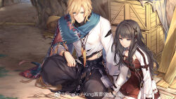  1boy 1girl absurdres aqua_eyes belt black_belt black_hair black_pants black_undershirt blonde_hair blue_cloak blunt_bangs brown_dress brown_ribbon cave_interior chinese_commentary cloak closed_mouth collarbone crate curtained_hair detached_collar drawing_on_dirt dress feather_necklace feet_out_of_frame gloves hair_between_eyes hair_ribbon half_gloves heroine_(lovebrush_chronicles) highres hip_flask jewelry kingchenxi lars_rorschach lars_rorschach_(eden) long_hair long_sleeves looking_down lovebrush_chronicles midriff_peek necklace o-ring o-ring_belt official_art on_ground on_one_knee pants parted_lips plank ribbon seiza serious shirt short_dress short_hair shrug_(clothing) side-by-side sitting spyglass stomach_tattoo swept_bangs tattoo thigh-highs torn_clothes torn_shirt tress_ribbon turtleneck turtleneck_shirt v-shaped_eyebrows violet_eyes wallet_chain white_gloves white_shirt white_sleeves white_thighhighs wristband 