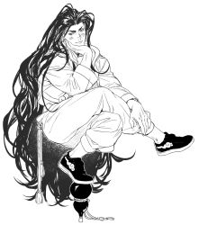  1boy absurdly_long_hair blush closed_mouth commentary crossed_legs elbow_on_thigh english_commentary full_body gourd greyscale hair_down head_rest highres invisible_chair jacket jamie_siu krkrkrbkkkkkkk long_hair long_sleeves looking_at_viewer male_focus monochrome pants rope shoes simple_background sitting smile solo street_fighter street_fighter_6 very_long_hair white_background 