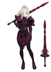  1girl absurdres alternate_eye_color alternate_hair_color alternate_skin_color armor armored_boots bags_under_eyes blonde_hair boots braid bull clarent_(fate) commission commissioner_upload fangs fate_(series) full_armor gauntlets greaves half_up_braid highres holding holding_sword holding_weapon leg_armor loincloth looking_at_viewer medium_hair mordred_(fate) nabunabu open_mouth over_shoulder pale_skin pauldrons ponytail red_trim shoulder_armor shouting solo spikes standing sword sword_over_shoulder weapon weapon_over_shoulder white_background yellow_eyes 