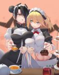  2girls absurdres agent_(girls&#039;_frontline) anger_vein black_hair blonde_hair blue_eyes breast_press breasts brown_eyes cup double_bun g36_(girls&#039;_frontline) girls_frontline hair_between_eyes hebai_xiaochuan highres jewelry large_breasts looking_at_another maid maid_headdress multiple_girls navel ring saucer stomach tea teacup teapot 