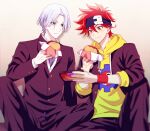  2boys blue_eyes blue_hair burger cellphone eating food gakuran hair_between_eyes hasegawa_langa headband highres hood hoodie jacket kyan_reki looking_at_viewer male_focus messy_hair multiple_boys orange_eyes pants phone redhead sana423 school_uniform shirt short_hair simple_background sk8_the_infinity smartphone smile upper_body 