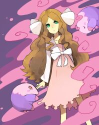  1girl absurdres blush blush_stickers bow bright_pupils brown_hair caitlin_(pokemon) closed_eyes closed_mouth commentary dress eyelashes gas green_hair hair_bow highres long_hair long_sleeves musharna pink_dress pokemon pokemon_(creature) pokemon_dppt pokemon_platinum purple_background red_eyes sanigo standing white_bow white_pupils 