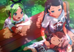  22/7 3girls absurdres aqua_eyes aqua_hair bench black_hair bow bow_hairband brown_hair closed_eyes closed_mouth collarbone collared_shirt fanged_bangs from_above grass green_eyes green_hair grey_skirt hair_bow hair_ornament hairband hairclip half_updo hand_on_another&#039;s_chest hand_on_own_stomach high_ponytail highres igashiko kiryu_touko lap_pillow long_hair looking_at_another lying miniskirt multicolored_hair multiple_girls nishiura_sora on_back on_bench open_mouth outdoors park_bench parted_bangs pink_bow pleated_skirt ponytail print_shirt sera_honoka shirt short_sleeves sitting skirt sleeping smile tree_shade two-tone_bow two-tone_hairband two_side_up u_u white_shirt wooden_bench 