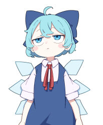  1girl absurdres ahoge blue_bow blue_dress blue_hair blush_stickers bow cirno closed_mouth collared_shirt commentary_request double-parted_bangs dress hair_bow highres ice ice_wings kame_(kamepan44231) neck_ribbon pinafore_dress red_ribbon ribbon shirt short_hair short_sleeves simple_background sleeveless sleeveless_dress solo touhou white_background white_shirt wings 