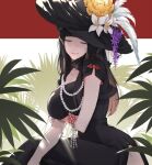  1girl arm_under_breasts bare_arms bead_necklace beads black_dress black_hair black_headwear breast_hold breasts chin_strap closed_eyes day dmuyaa dress facial_mark facing_viewer final_fantasy final_fantasy_xiv flower hat hat_feather hat_flower hat_ribbon jewelry large_breasts lipstick long_hair makeup miqo&#039;te mole mole_under_eye necklace palm_leaf plant purple_flower ribbon short_sleeves side_slit sitting smile solo sun_hat sunlight two-sided_fabric whisker_markings white_flower yellow_flower 