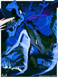  aerodactyl canal claws fangs flying highres kabutops mayotsunamayo night no_humans open_mouth outdoors pokemon pokemon_(anime) pokemon_(classic_anime) pokemon_(creature) pokemon_focus pokemon_heroes:_latios_&amp;_latias sharp_teeth tail teeth tongue water wings 