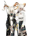  2girls animal_ear_fluff animal_ears arknights bangs beeswax_(arknights) black_coat black_gloves black_skirt blush carnelian_(arknights) closed_mouth coat dark-skinned_female dark_skin dress enne_kl eyebrows_visible_through_hair gloves goat_ears goat_girl goat_horns hand_up height_difference high-waist_skirt highres horns long_hair long_sleeves looking_at_viewer multiple_girls open_clothes open_coat red_eyes short_hair siblings sidelocks silver_hair simple_background sisters skirt smile standing thigh_strap thighlet underbust white_background white_coat white_dress yellow_eyes 