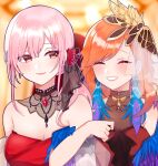  2girls absurdres bangs bare_shoulders blush closed_eyes couple dress earrings feather_earrings feathers flower gradient_hair highres hololive hololive_english jewelry locked_arms long_hair mori_calliope multicolored_hair multiple_girls official_alternate_costume orange_hair pink_hair red_dress red_eyes rose side-by-side sleeveless sleeveless_dress smile takanashi_kiara tera_(trs82341711) virtual_youtuber yuri 
