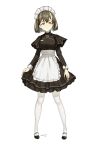  1girl absurdres alternate_costume apron arknights black_footwear black_shirt black_skirt brown_hair closed_mouth dress_shirt earrings enmaided eyelashes frilled_apron frills full_body highres jewelry layered_skirt long_sleeves looking_to_the_side magallan_(arknights) maid maid_headdress mary_janes medium_skirt multicolored_hair neck_ribbon pantyhose ribbon shirt shoes short_hair silver_hair simple_background skirt skirt_hold smile solo standing streaked_hair tachi-e white_apron white_background white_legwear white_ribbon zzq 