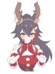  1girl alternate_costume animal_ears bare_shoulders bell belt black_belt black_hair blush breasts choker commentary cropped_torso dress eihire eyebrows_visible_through_hair eyelashes fake_antlers fingers_to_cheeks fur-trimmed_dress fur_trim gloves grin hair_between_eyes hair_ornament highres hololive index_finger_raised long_hair looking_at_viewer medium_breasts multicolored_hair neck_bell off-shoulder_dress off_shoulder ookami_mio pom_pom_(clothes) ponytail red_choker red_dress red_gloves redhead santa_costume santa_dress simple_background smile solo streaked_hair teeth two-tone_hair upper_body virtual_youtuber white_background wolf_ears yellow_eyes 