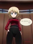  1girl bangs blonde_hair blue_eyes blurry blurry_background braid commentary cowboy_shot crossover darjeeling_(girls_und_panzer) depth_of_field english_commentary english_text eyebrows_visible_through_hair girls_und_panzer hands_on_hips highres indoors looking_at_viewer looking_down mixed-language_commentary naotosi open_mouth short_hair solo standing star_trek star_trek:_the_next_generation starfleet_uniform tied_hair translated twin_braids 