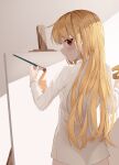  1girl absurdres art_brush bangs blonde_hair blush canvas_(object) closed_mouth collared_shirt commentary_request easel eyebrows_visible_through_hair from_behind highres long_hair long_sleeves looking_at_viewer looking_back opm7760 paintbrush painting palette_(object) red_eyes sakura-sou_no_pet_na_kanojo shadow shiina_mashiro shirt smile solo standing white_shirt 