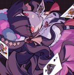  1girl black_background black_corset black_hair bonnet breasts capelet card card_in_mouth commentary corset english_commentary genshin_impact highres long_hair looking_at_viewer looking_back mao_(expuella) medium_breasts mouth_hold multicolored_clothes multicolored_headwear pink_capelet playing_card red_eyes simple_background slit_pupils smile solo twitter_username upper_body yunjin_(genshin_impact) 