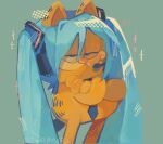  ariel_(iwasbee2) bangs blue_background blue_hair blue_necktie cat closed_mouth commentary cosplay crossed_arms feet_out_of_frame garfield garfield_(character) hatsune_miku hatsune_miku_(cosplay) headset long_hair looking_at_viewer necktie no_humans orange_cat simple_background smile solo sparkle symbol-only_commentary twitter_username vocaloid 
