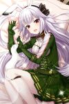  1girl absurdres alternative_girls animal_ears bed_sheet choker eyebrows_visible_through_hair fingerless_gloves gloves green_gloves green_skirt highres long_hair looking_at_viewer official_art open_mouth pet pillow rabbit_ears red_eyes skirt smile solo usui_miyuki white_hair white_legwear 