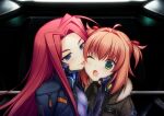  2girls artist_request bangs blue_eyes blue_jacket blush brown_jacket eyebrows_visible_through_hair fortified_suit fur_trim game_cg green_eyes hair_intakes highres jacket jacket_on_shoulders licking licking_another&#039;s_cheek licking_another&#039;s_face long_hair miono_shizuku multiple_girls muvluv muvluv_alternative muvluv_unlimited:_the_day_after official_art one_eye_closed oogami_ritsuko pilot_suit pink_hair redhead short_hair smile surprised two_side_up 