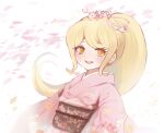  1girl bangs blonde_hair danganronpa_(series) danganronpa_2:_goodbye_despair floral_print flower gamhwa grin hair_flower hair_ornament hair_ribbon highres japanese_clothes kimono long_hair long_sleeves looking_at_viewer obi orange_eyes petals pink_flower pink_kimono ponytail ribbon saionji_hiyoko sash smile solo teeth upper_body 