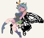  1girl antennae aqua_hair black_eyes black_gloves black_legwear blush breasts butterfly_wings dress eternity_larva eyebrows_visible_through_hair fairy gloves green_dress highres leaf leaf_on_head massakasama medium_breasts multicolored_clothes multicolored_dress open_mouth sharp_teeth short_hair simple_background single_strap smile solo teeth touhou white_background wings 