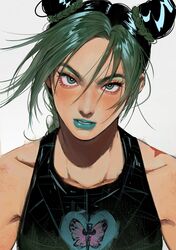  1girl absurdres aqua_lips bangs birthmark black_hair black_shirt braid braided_ponytail collarbone commentary eyebrows eyelashes eyeshadow green_eyes green_hair grey_background hair_between_eyes hair_cones highres joestar_birthmark jojo_no_kimyou_na_bouken kujo_jolyne li_chestnuts lips lipstick looking_at_viewer makeup medium_hair multicolored_hair parted_bangs parted_lips shirt simple_background sleeveless solo spider_web_print stone_ocean symbol-only_commentary two-tone_hair upper_body 