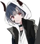 1girl arknights bangs black_hair black_jacket collarbone eyebrows_visible_through_hair hood hood_up hooded_shirt horns horns_through_headwear jacket looking_at_viewer open_clothes open_jacket parted_lips red_eyes shirt simple_background tetuw upper_body vulcan_(arknights) white_background white_shirt